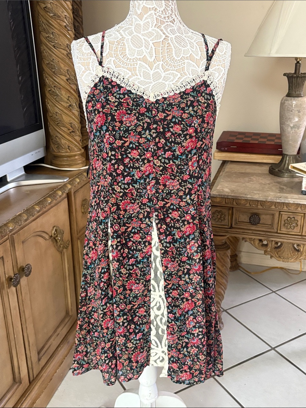 Altar'd State Black Floral Slip Dress with Pink and Green Accents